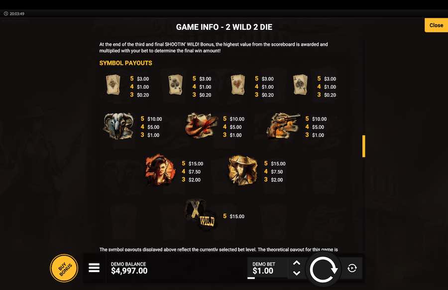 2 Wild 2 Die Paytable
