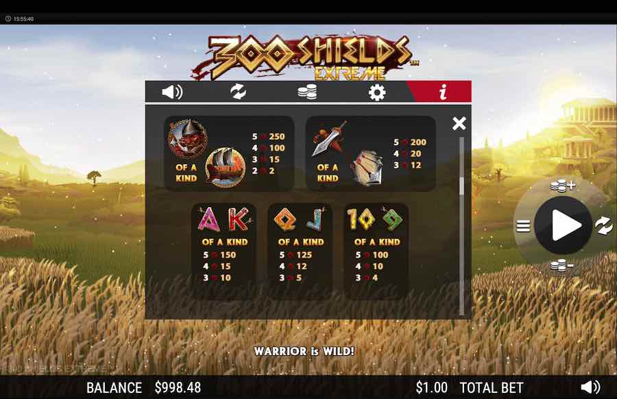 300 Shields Extreme Slot Paytable