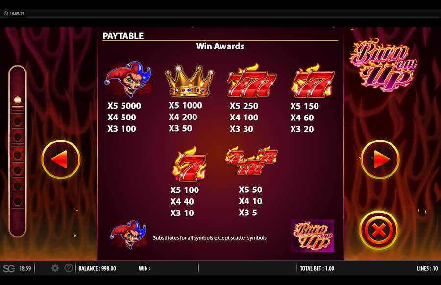 777 Burn Em' Up Slot Paytable