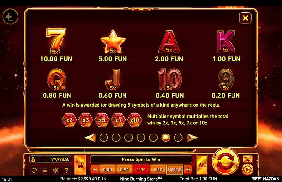 Paytable For The 9 Burning Stars Slot