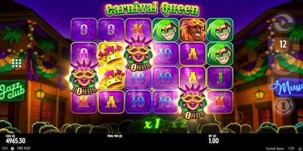 3 Or More Bonus Symbols Will Trigger The Free Spin Feature On Carnival Queen