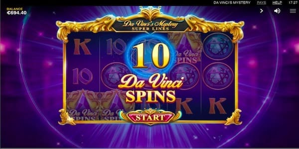 10 Free Spins Awarded For A 3 Scatter Trigger On Da Vinci's Mystery Super Lines Slot