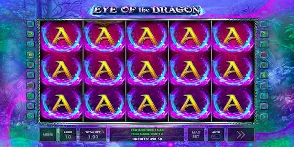 5 Of A Kind Aces Paying Across 10 Paylines After A Reel Expansion On Eye Of The Dragon Slot