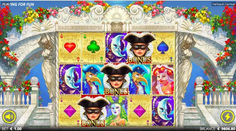 3 Bonus Symbols Landing Will Trigger The Free Spin Feature On Harlequin Carnival