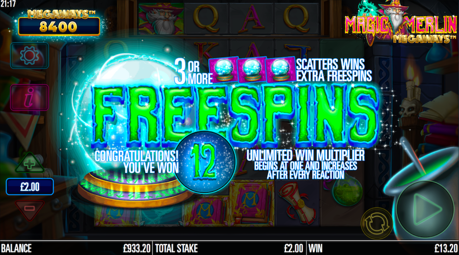 12 Free Spins Awarded For A 4 Scatter Trigger On Magic Merlin Megaways™