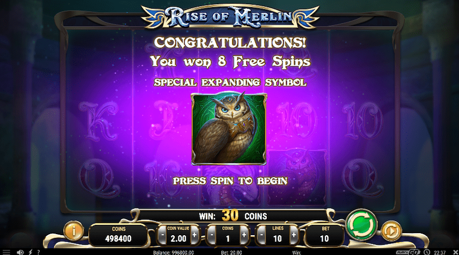 8 Free Spins Awarded With Expanding Symbol On Rise Of Merlin Slot