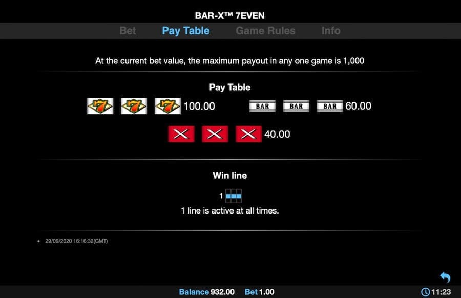 Bar-x 7even Paytable