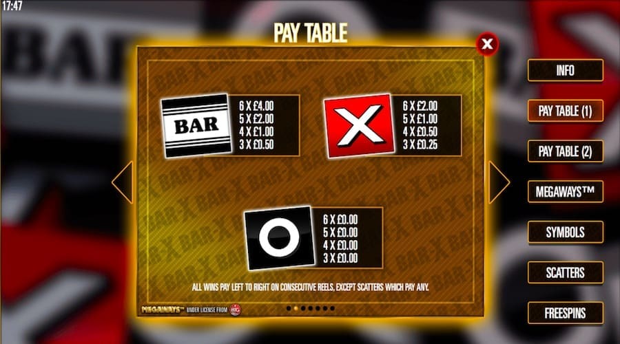 Paytable For Bar X Megaways™