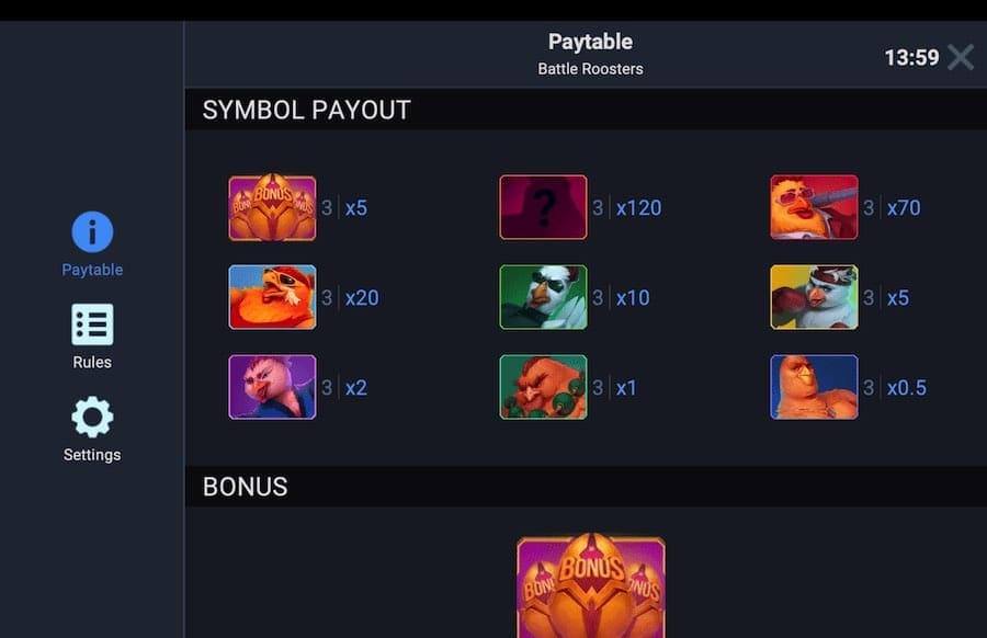 Battle Roosters Paytable