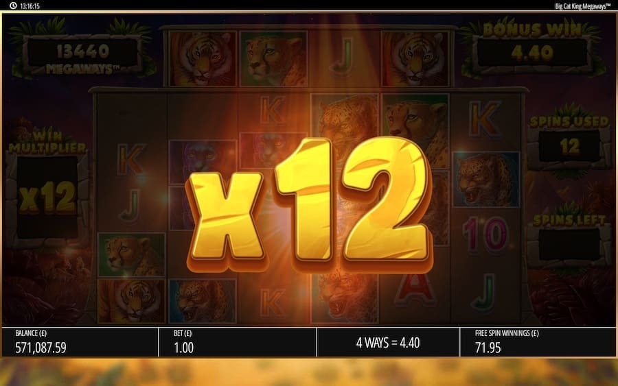 An Unlimited Multiplier Is In Play During The Free Spin Bonus On Big Cat King Megaways™