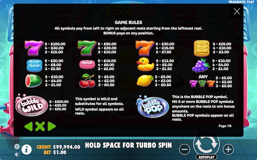 Paytable For Bubble Pop Slot