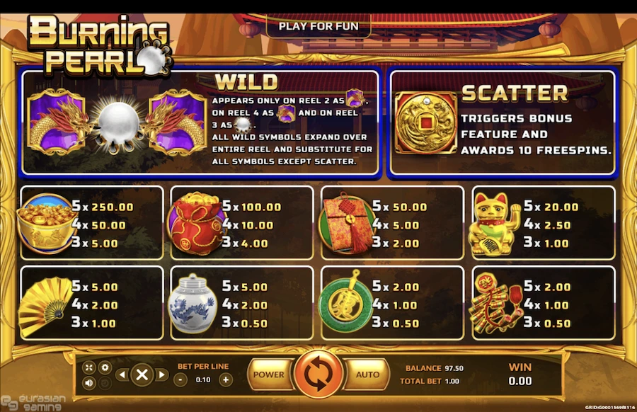 Burning Pearl slot paytable
