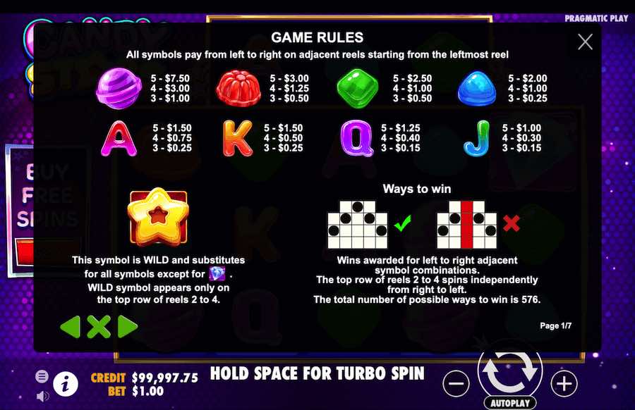 Candy Star Slot Paytable