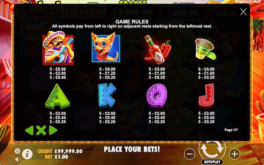 Chilli Heat Slot Paytable