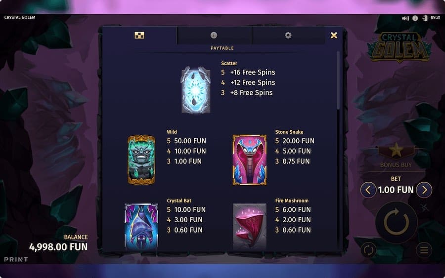 Paytable For Crystal Golem Slot