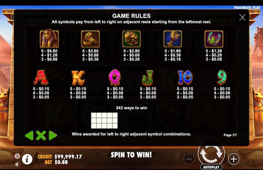 Diamonds Of Egypt Slot Paytable