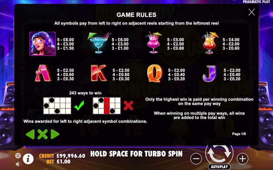 Disco Lady slot paytable