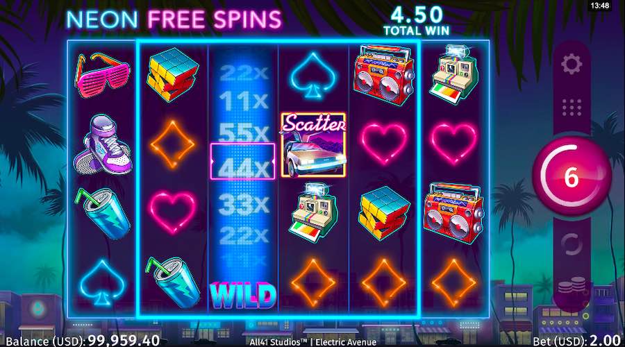 Win Up To A 55x Multiplier Whilst Playing The Neon Free Spin Feature On Electric Avenue