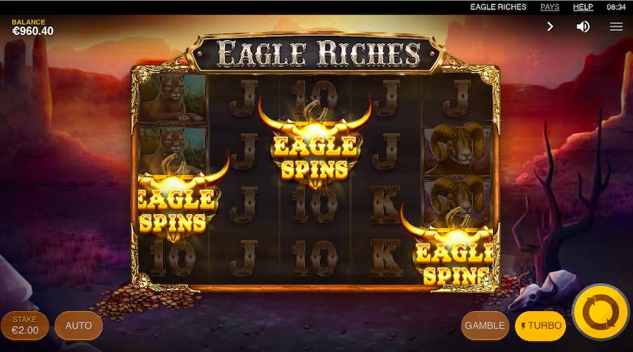 Three Eagle Spins Symbols Landing To Trigger The Free Spin Bonus On Eagel Riches Slot