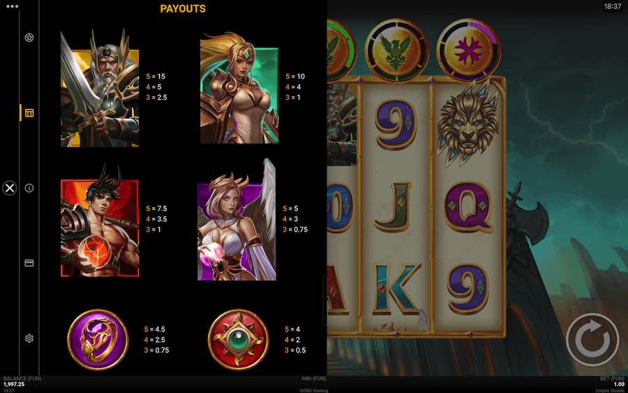 Paytable For Empire Sheilds Slot