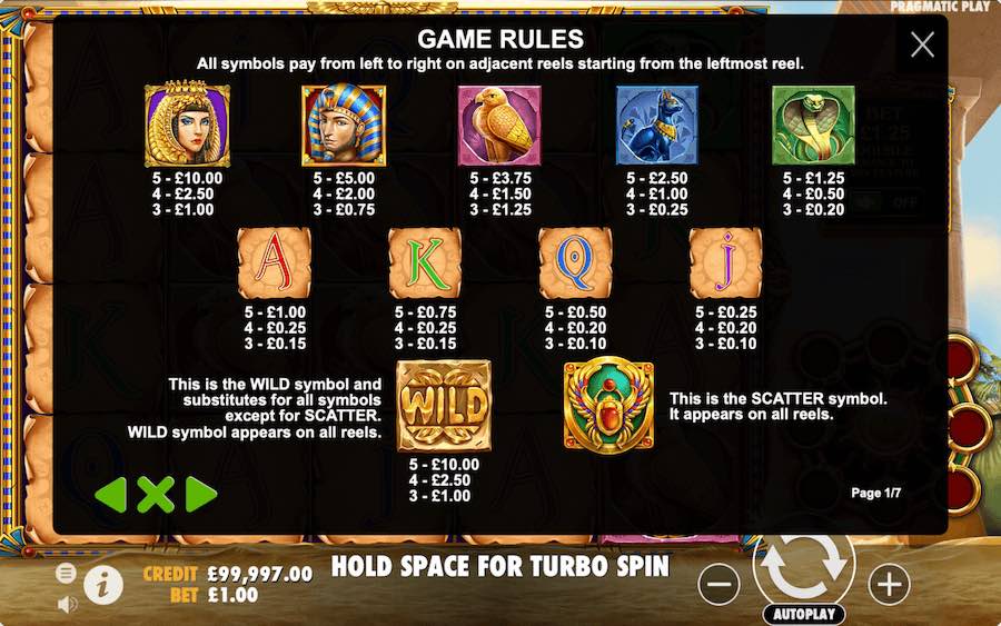 Paytable For Eye Of Cleopatra Slot Game