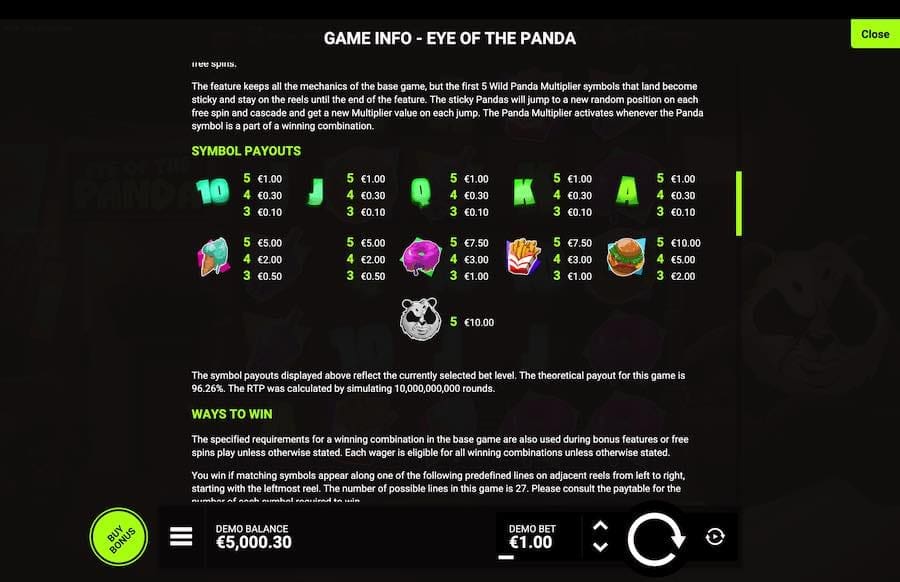 Eye Of The Panda Paytable