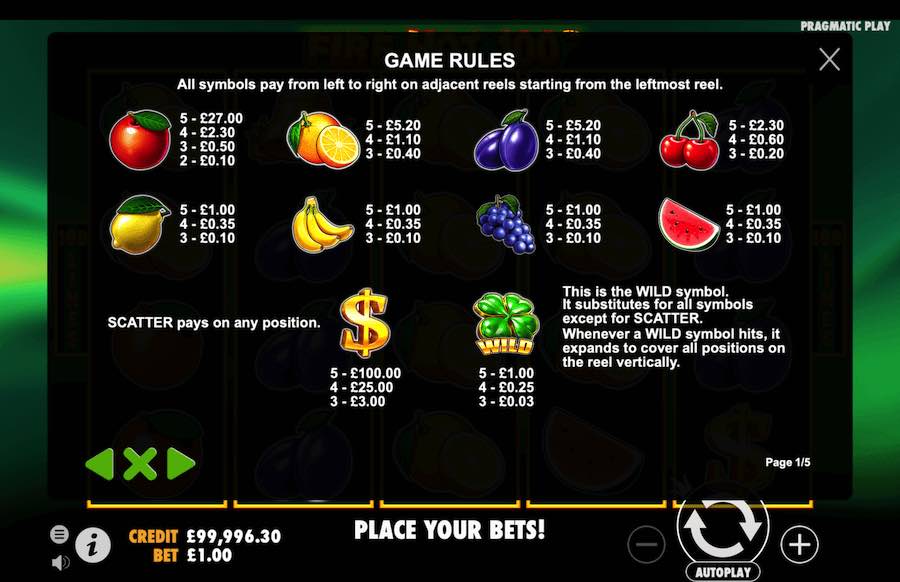 Paytable For Fire Hot 100 Slot