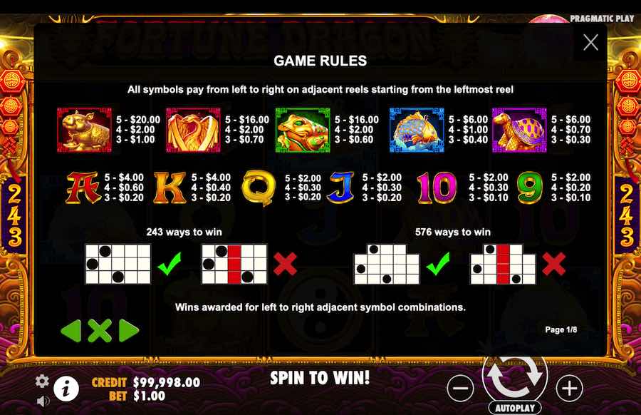 Fortune Dragon Slot Paytable