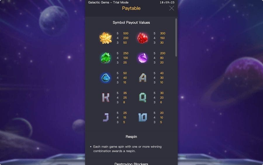 Galactic Gems slot paytable