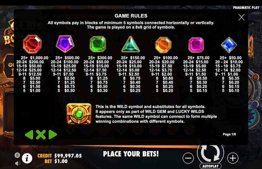 Gems Bonanza Slot Paytable