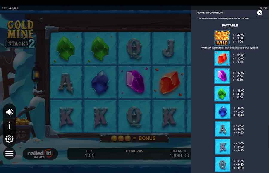 Gold Mine Stacks 2 Slot Paytable