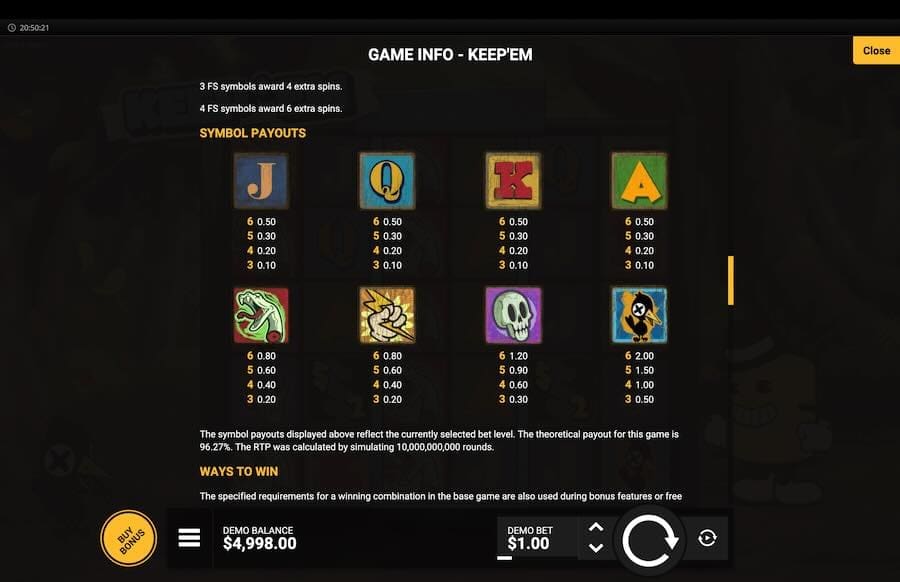 Keep' Em Slot Paytable