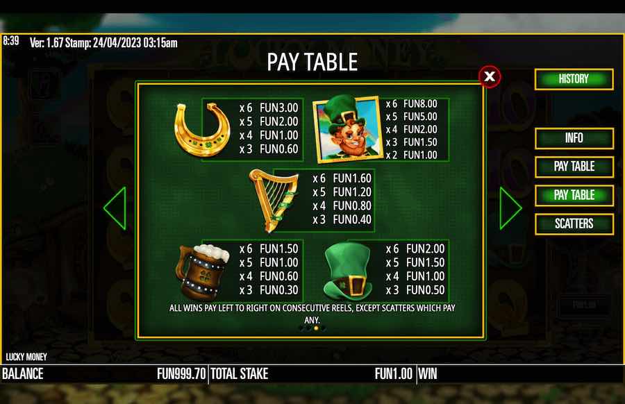 Lucky Money Paytable