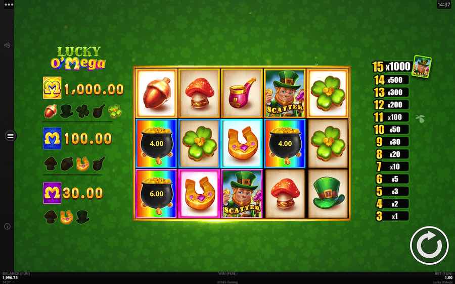 Play With 5 Reels, 20 Paylines, And Win Up To A Maxium Of 1,130x Your Bet In Lucky O' Mega Online Slot From Gong Gaming