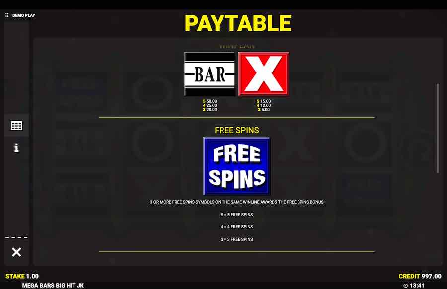 Mega Bars Big Hit Slot Paytable