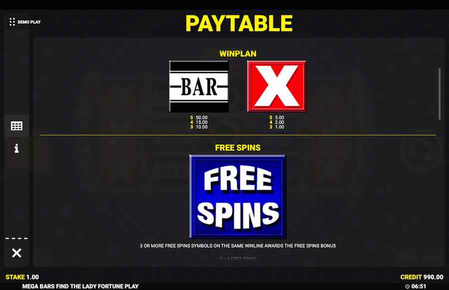 Mega Bars Find The Lady Fortune Play Slot Paytable