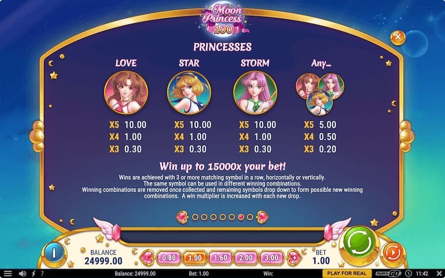 Paytable For Moon Princess 100 Slot