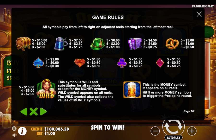 Paytable For Octobeer Fortunes Slot