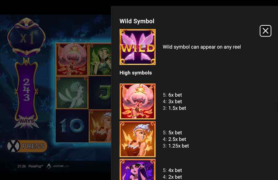 Pixiepop Slot Paytable