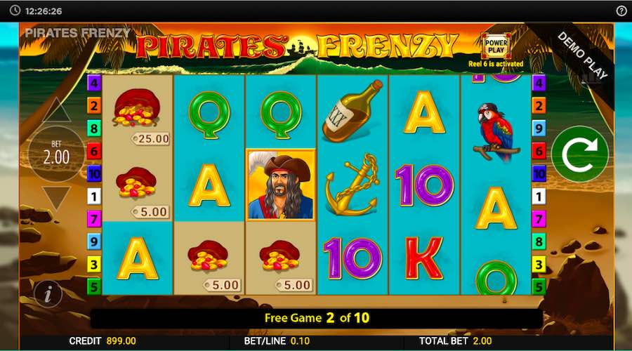 During The Free Spin Bonus On Pirates Frenzy If The Pirate Symbol Lands In View He Will Collect The Value Of Any Bags On Money That Land On The Reels