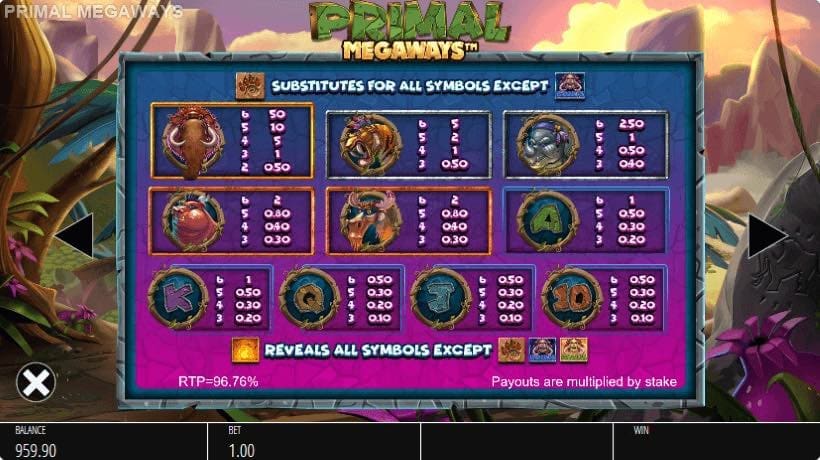 Paytable For Primal Megaways Slot