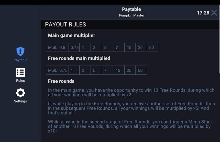 Pumpkin Master Paytable