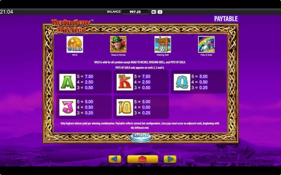 Rainbow Riches Slot Paytable