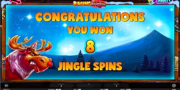 8 Free Spins Awarded For A 3 Scatter Trigger On Raging Reindeer Slot