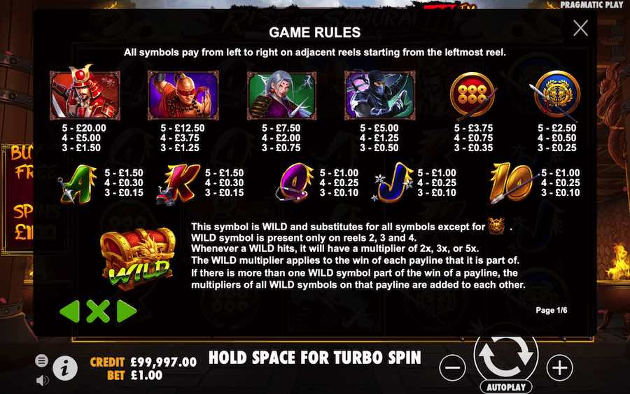 Paytable For Rise Of Samurai 3 Slot