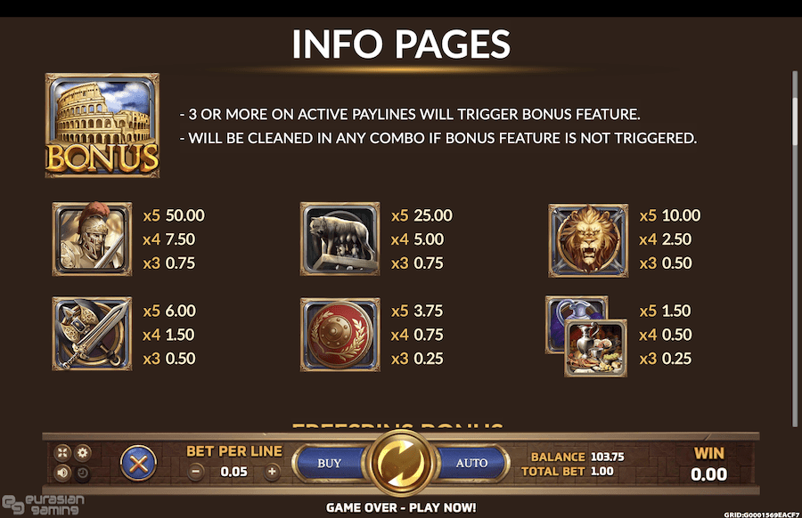 Roma Legacy slot paytable