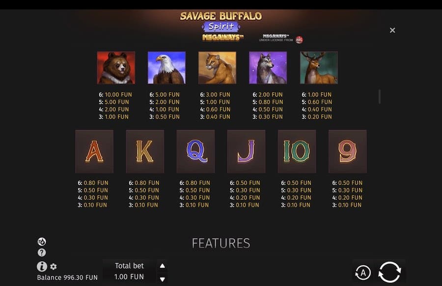 Savage Buffalo Spirit Megaways Paytable
