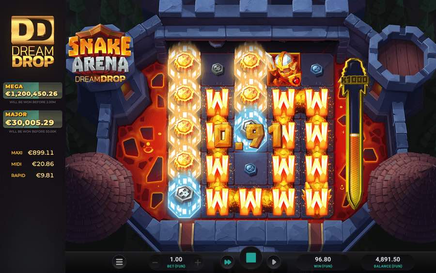 Land A Snake And A Knight Symbol To Trigger The Free Spins Feature On Snake Arena Dream Drop Video Slot