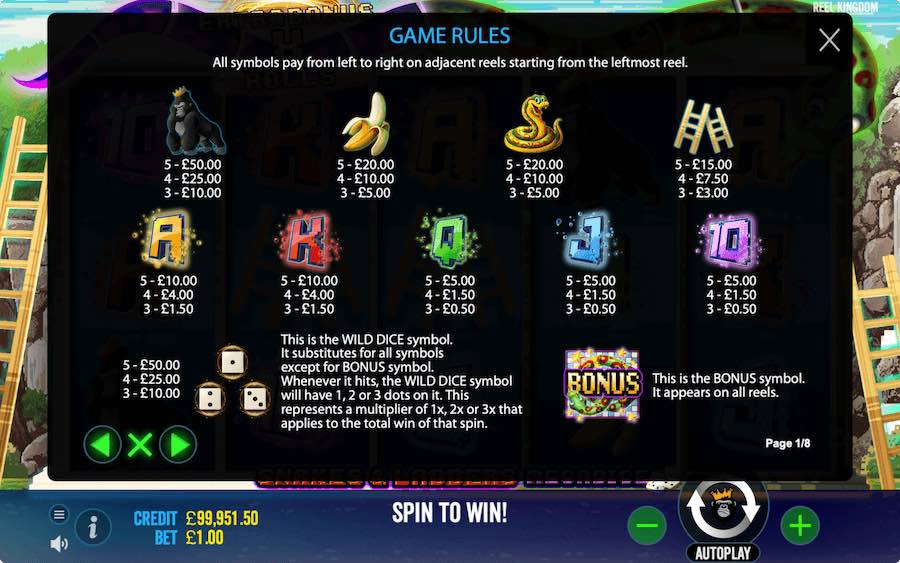 Paytable For Snakes And Ladders Megadice Slot