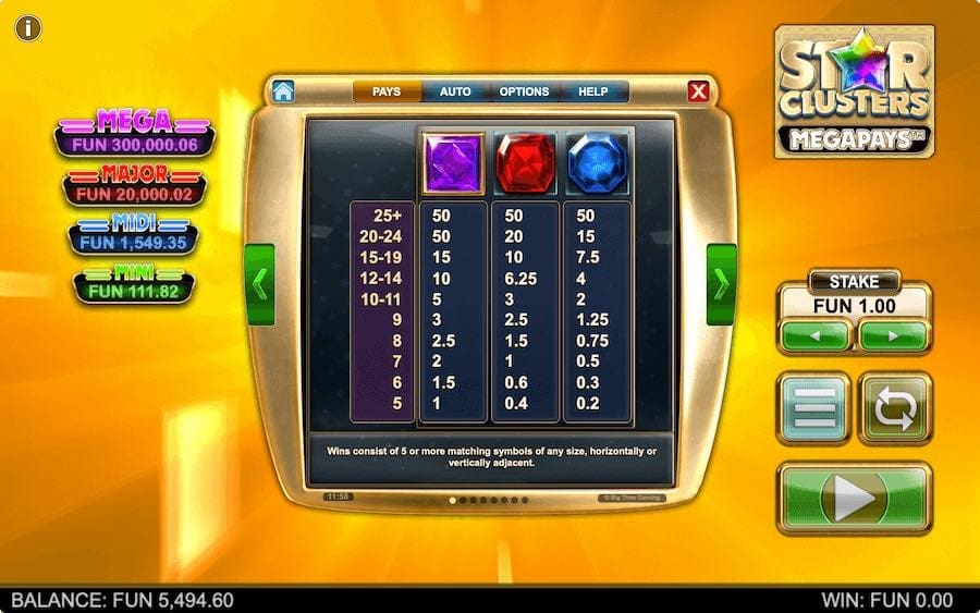 Paytable For Star Clusters Megapays Slot